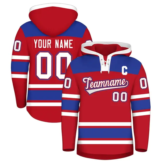 Red Royal Blue Lace-Up Neck Raglan Hockey Hoodie Jersey