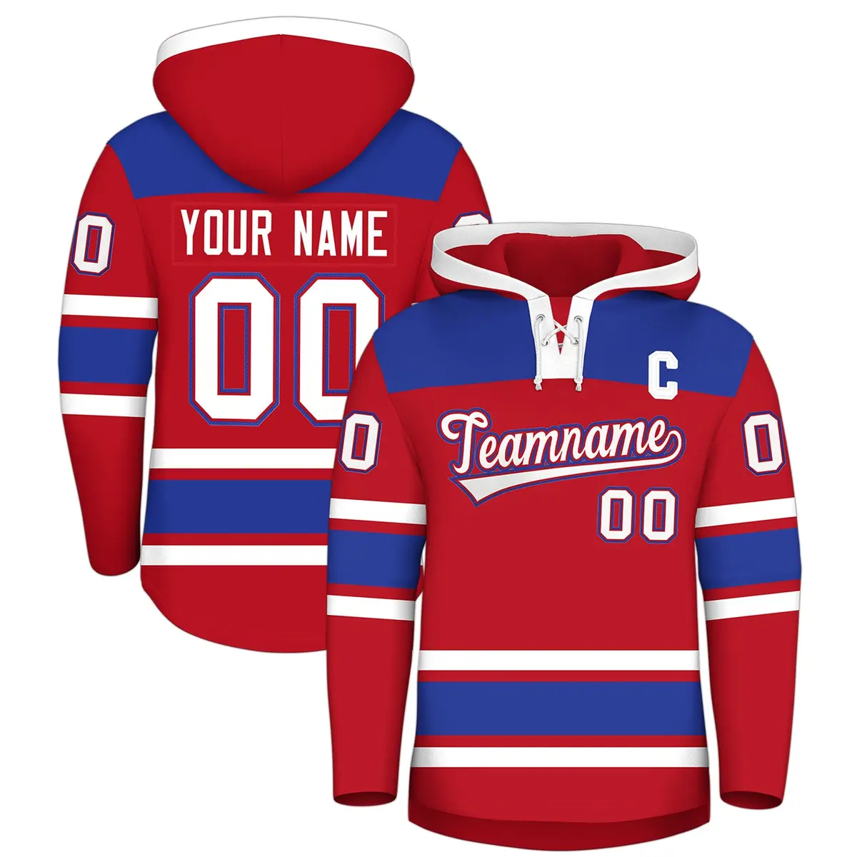Red Royal Blue Lace-Up Neck Raglan Hockey Hoodie Jersey