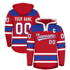 Red Royal Blue Lace-Up Neck Raglan Hockey Hoodie Jersey 1
