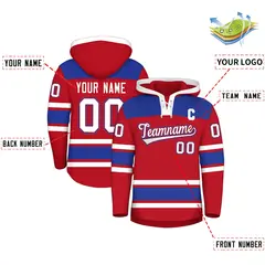 Red Royal Blue Lace-Up Neck Raglan Hockey Hoodie Jersey 2
