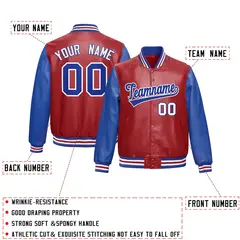 Red Royal Blue Raglan Full-Snap Varsity Faux Leather Letterman Jacket 2