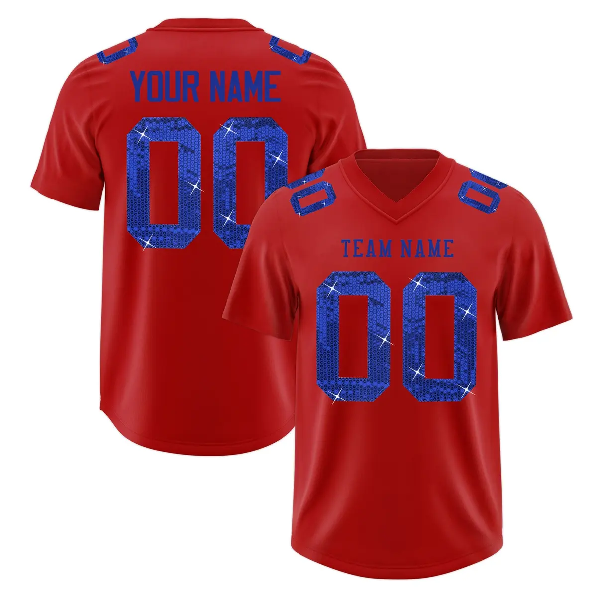 Red Royal Blue Sequin Lettering Football Jersey