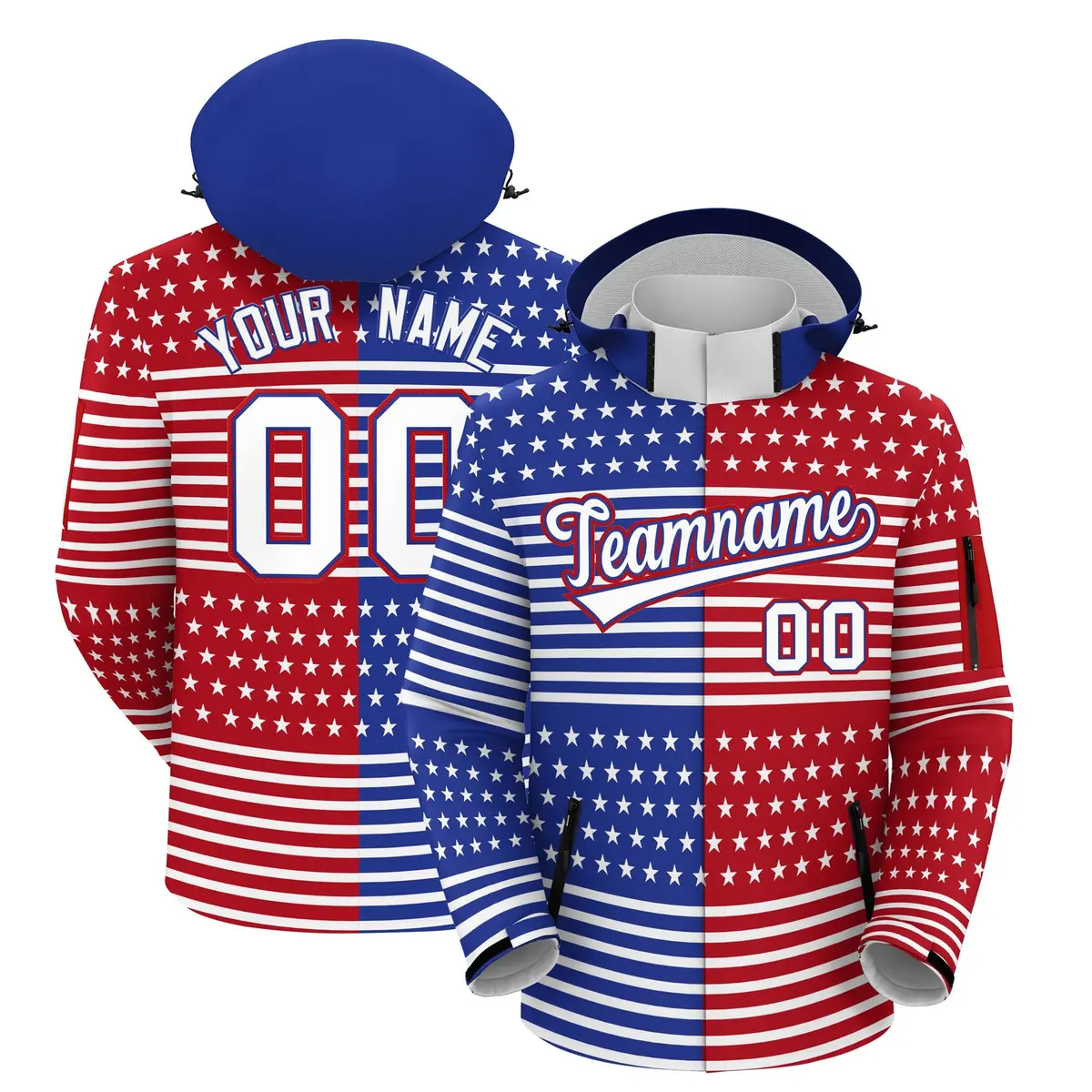 Red Royal Blue White American Flag Independence Day Waterproof Jacket