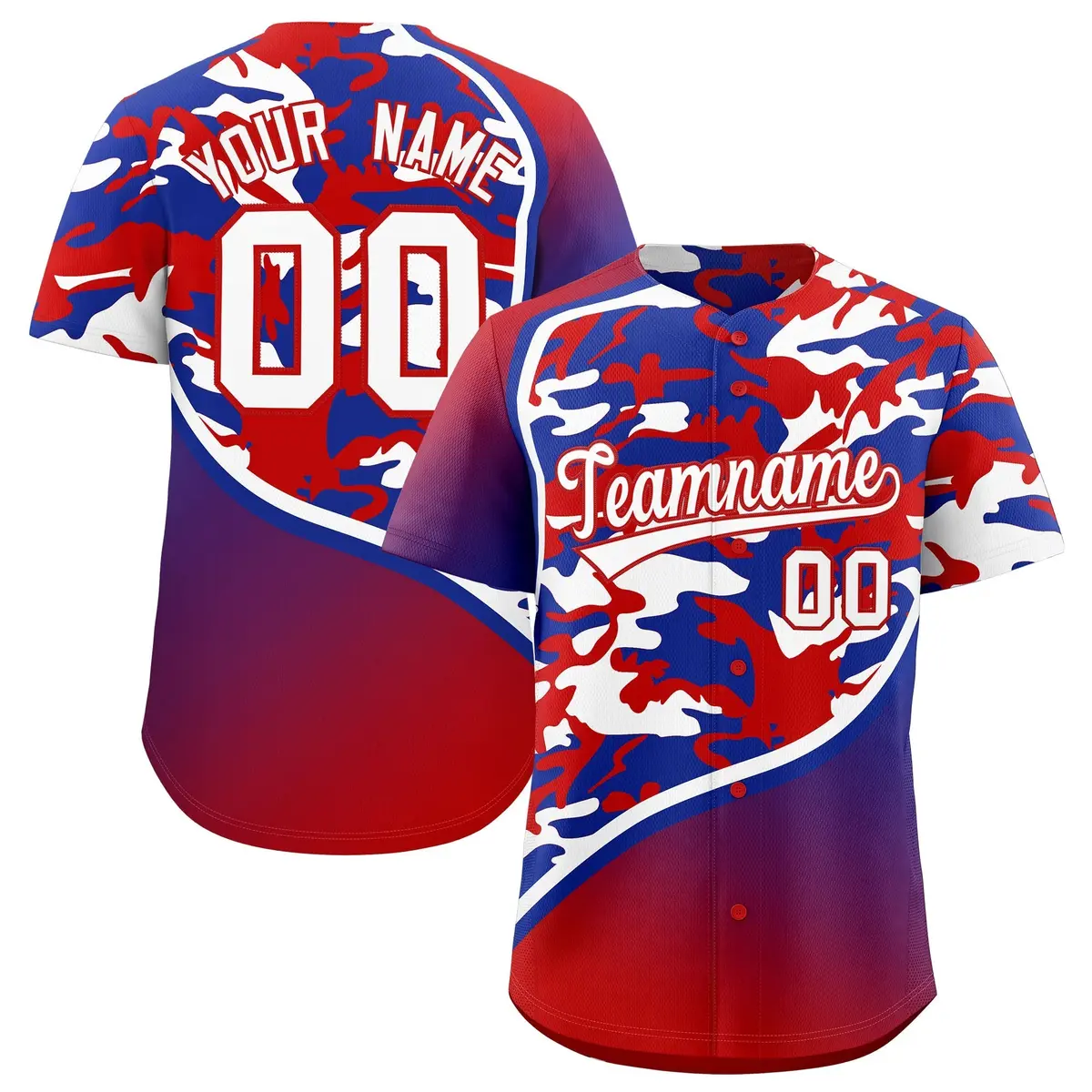 Red Royal Blue White Camo Gradient Fashion Baseball Jersey