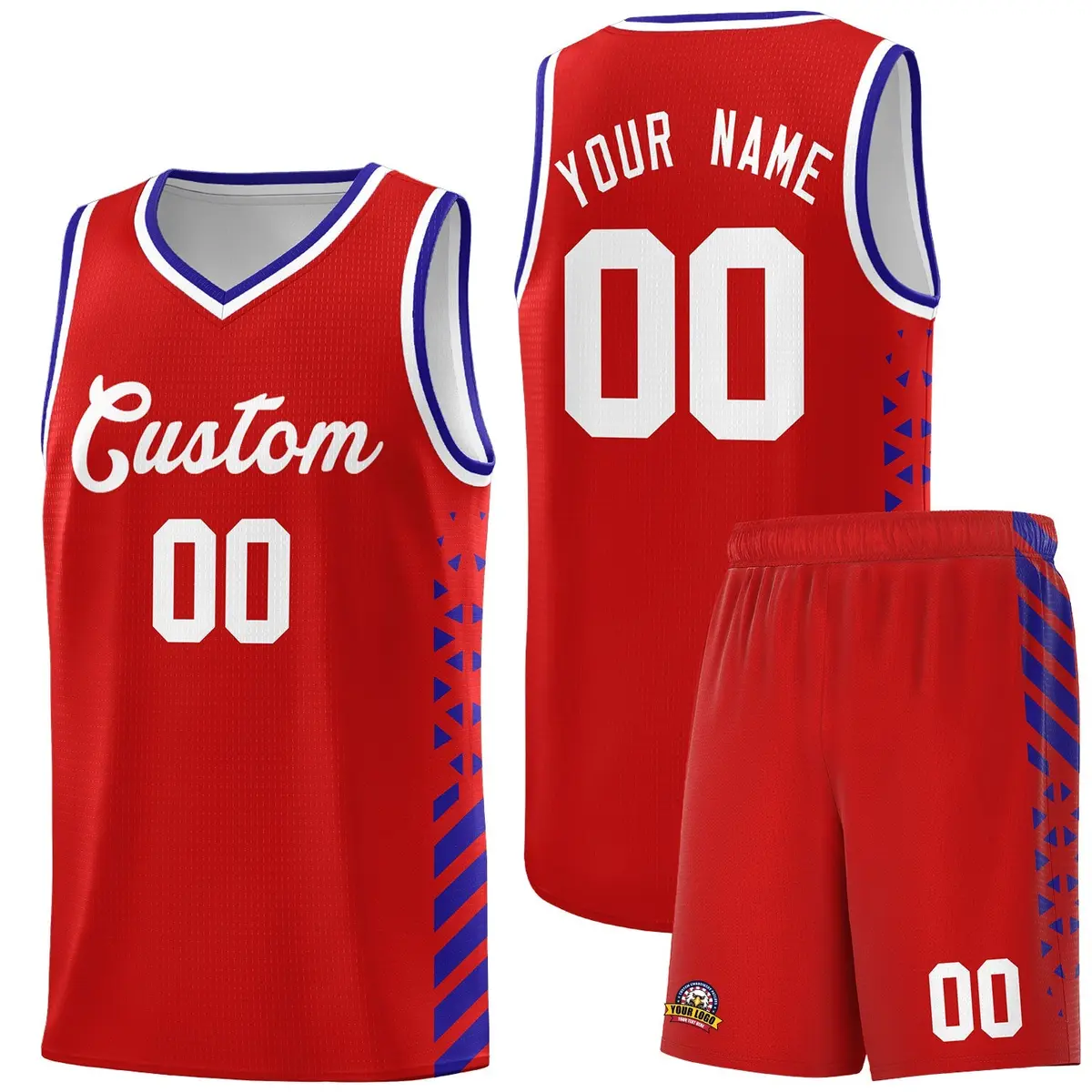 Red Royal Blue White Diamond Stripe Side Basketball Jersey