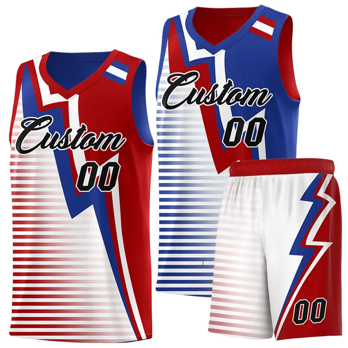 Red Royal Blue White Gradient Lightning Stripes Reversible Basketball Jersey