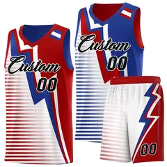 Red Royal Blue White Gradient Lightning Stripes Reversible Basketball Jersey