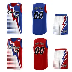 Red Royal Blue White Gradient Lightning Stripes Reversible Basketball Jersey 2