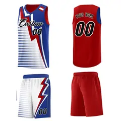 Red Royal Blue White Gradient Lightning Stripes Reversible Basketball Jersey 5