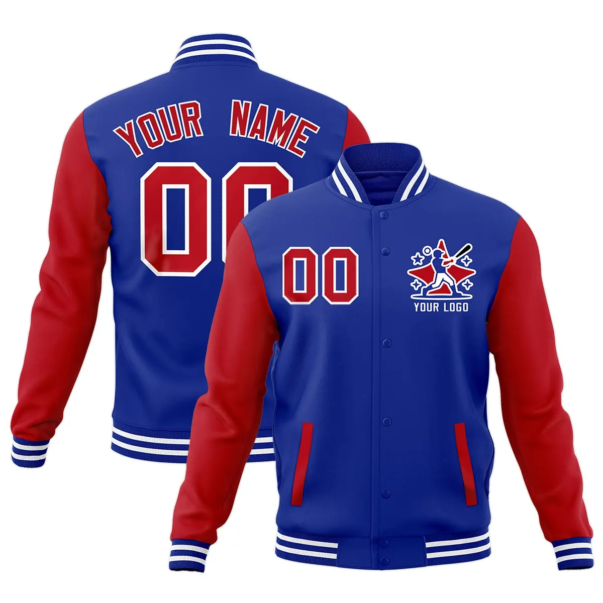 Red Royal Blue White Raglan Full-Snap Letterman Cotton Jacket