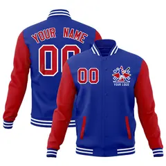 Red Royal Blue White Raglan Full-Snap Letterman Cotton Jacket