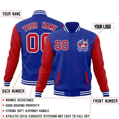 Red Royal Blue White Raglan Full-Snap Letterman Cotton Jacket 2