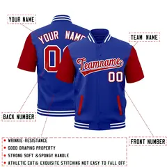 Red Royal Blue White Short Sleeve Full-Snap Varsity Jacket 2