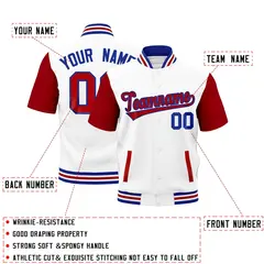 Red Royal Blue White Short Sleeve Full-Snap Varsity Jacket 2