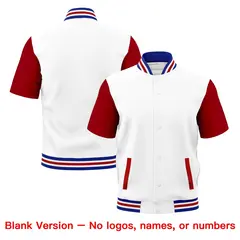 Red Royal Blue White Short Sleeve Full-Snap Varsity Jacket 7