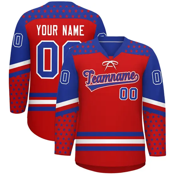 Red Royal Blue White Star Series Lace-Up Neck Hockey Jersey