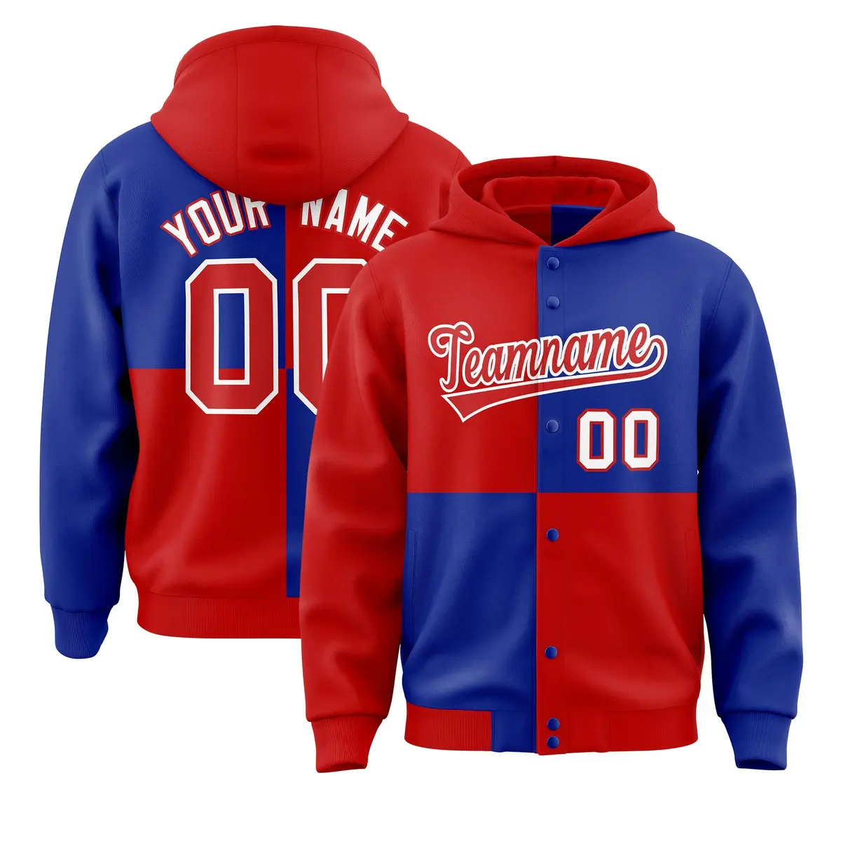 Red Royal Four Squares Color Block Varsity Letterman Jacket Hoodie