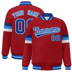 Red Royal-Powder Blue Color Block Varsity Full-Snap Baseball Jacket