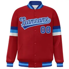 Red Royal-Powder Blue Color Block Varsity Full-Snap Baseball Jacket 3