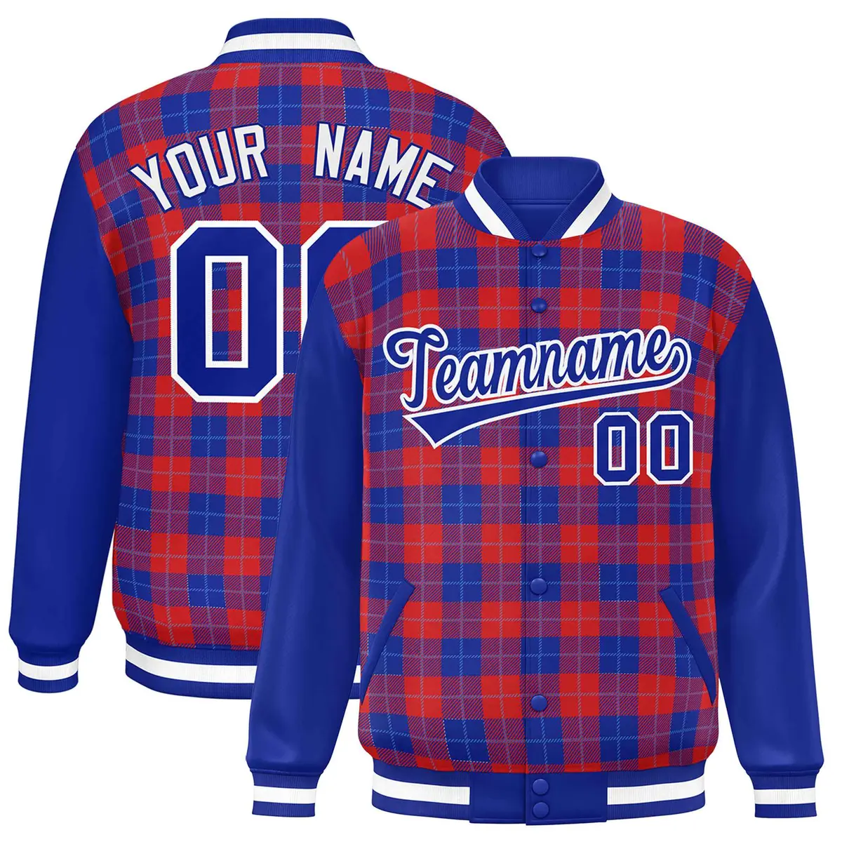 Red Royal-Powder Blue Plaid Varsity Letterman Jacket