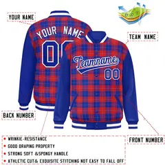 Red Royal-Powder Blue Plaid Varsity Letterman Jacket 2