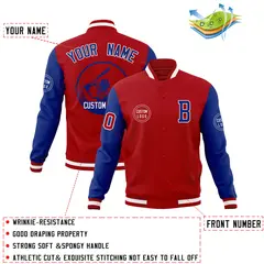 Red Royal Raglan Sleeves Full-Snap Varsity Letterman Jacket 4