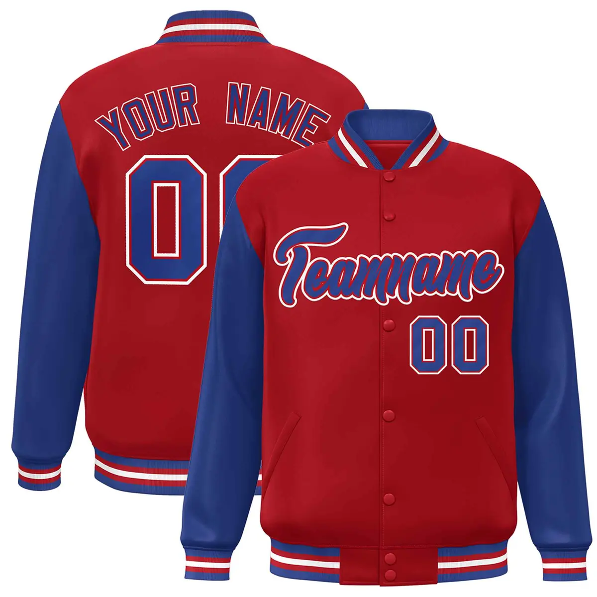 Red Royal-Red Raglan Sleeves Varsity Full-Snap Letterman Jacket