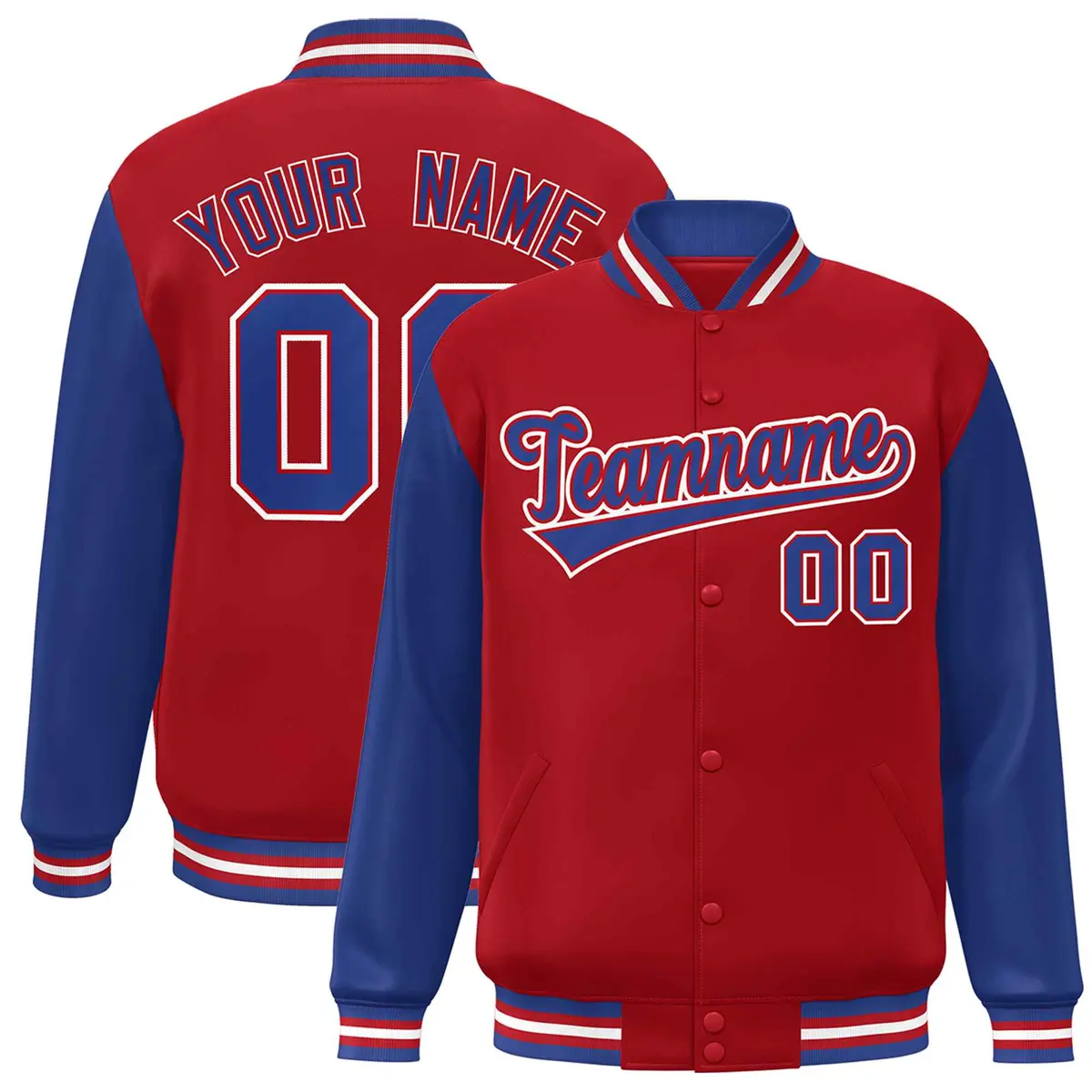 Red Royal-Red Raglan Sleeves Varsity Full-Snap Letterman Jacket