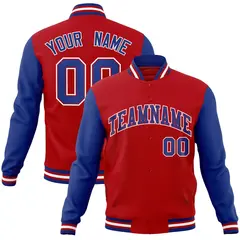 Red Royal-Red Raglan Sleeves Varsity Full-Snap Letterman Jacket 1