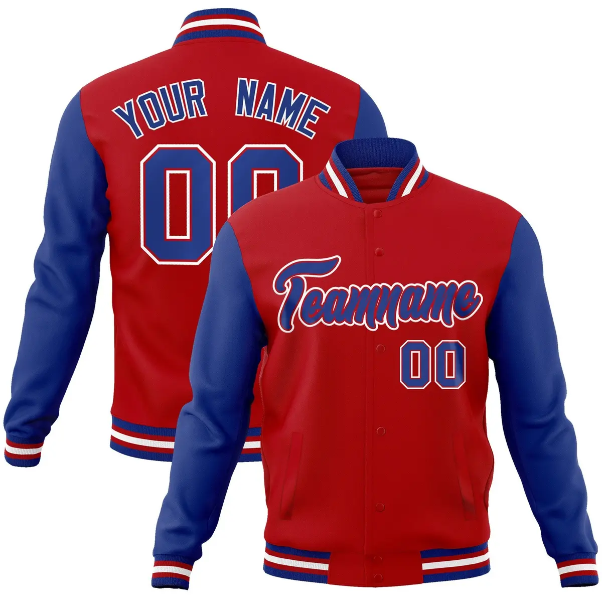 Red Royal-Red Raglan Sleeves Varsity Full-Snap Letterman Jacket