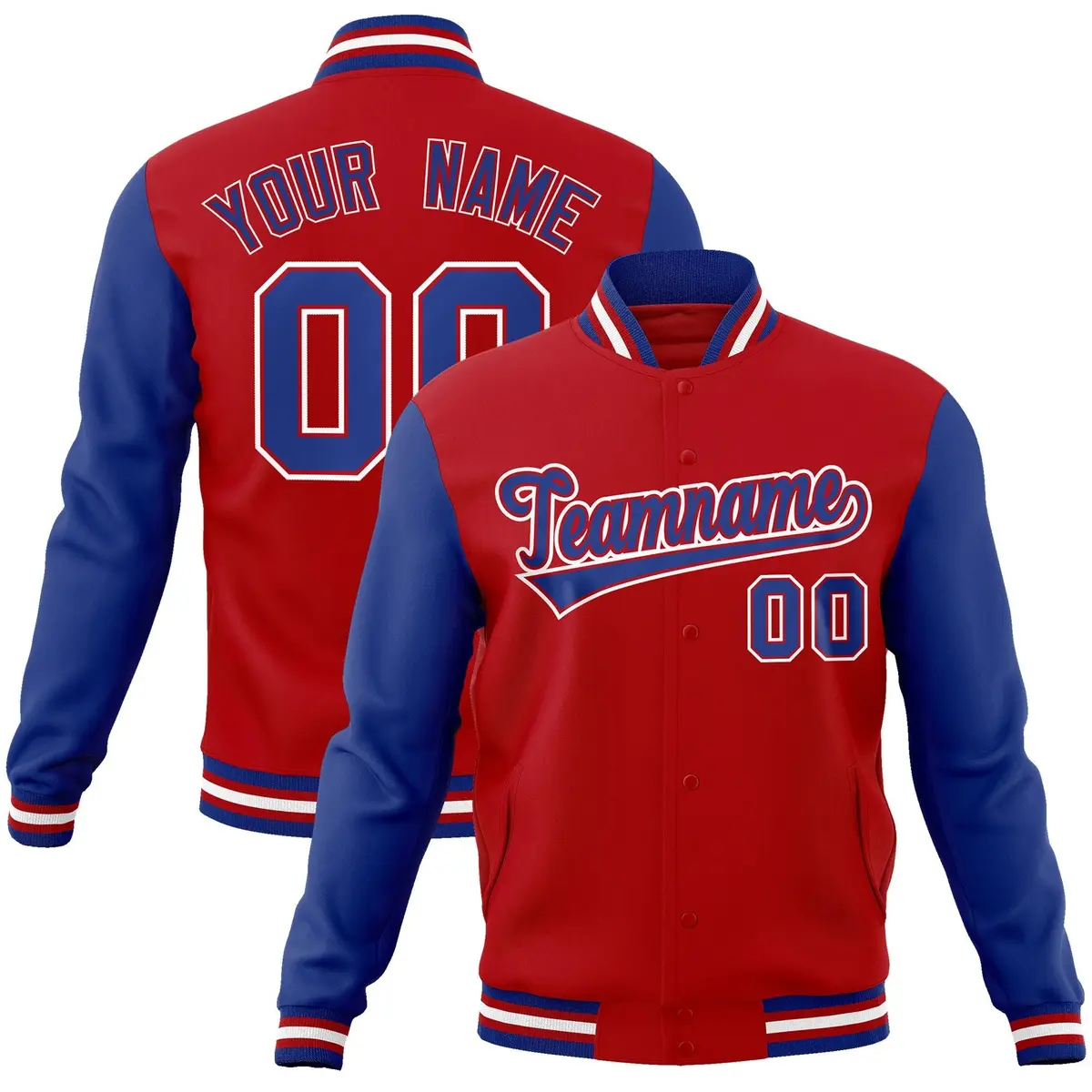 Red Royal-Red Raglan Sleeves Varsity Full-Snap Letterman Jacket