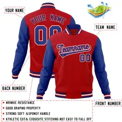 Red Royal-Red Raglan Sleeves Varsity Full-Snap Letterman Jacket 4