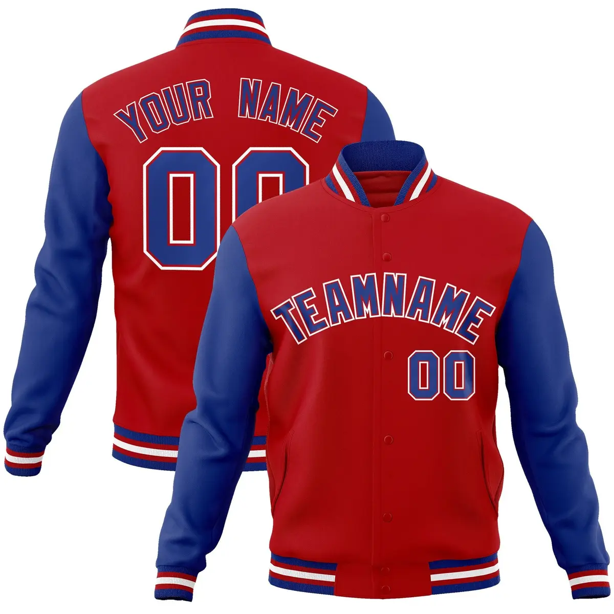 Red Royal-Red Raglan Sleeves Varsity Full-Snap Letterman Jacket
