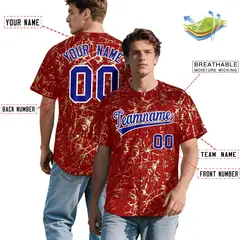Red Royal Shiny Gold Cracked Texture Baseball Jersey 2