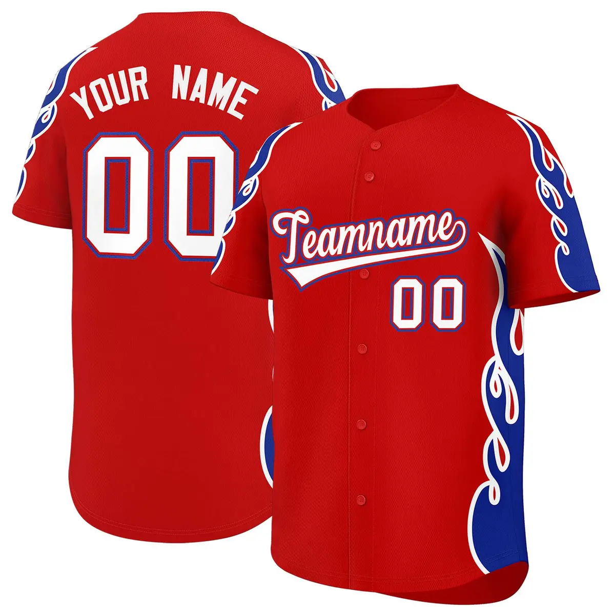 Red Royal Side Flame Outline Baseball Jersey