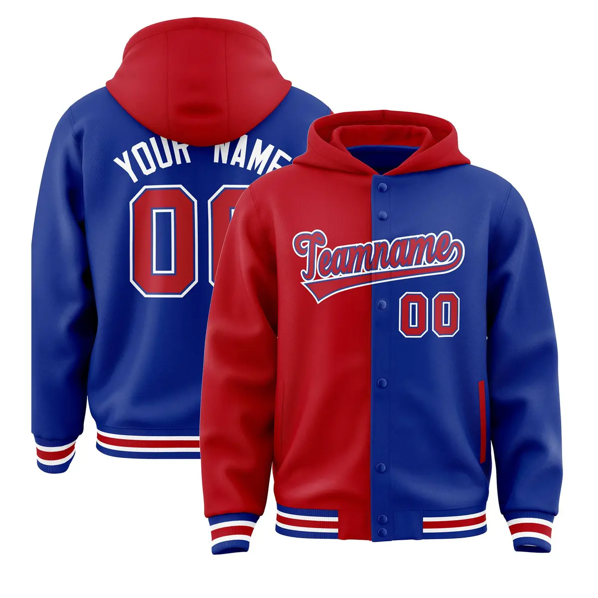Red Royal Two Tone Split Full-Snap Varsity Letterman Hoodie Jacket
