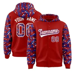 Red Royal-White Camo Raglan Varsity Letterman Hoodie Jacket