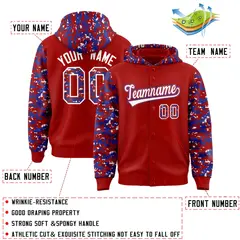 Red Royal-White Camo Raglan Varsity Letterman Hoodie Jacket 4