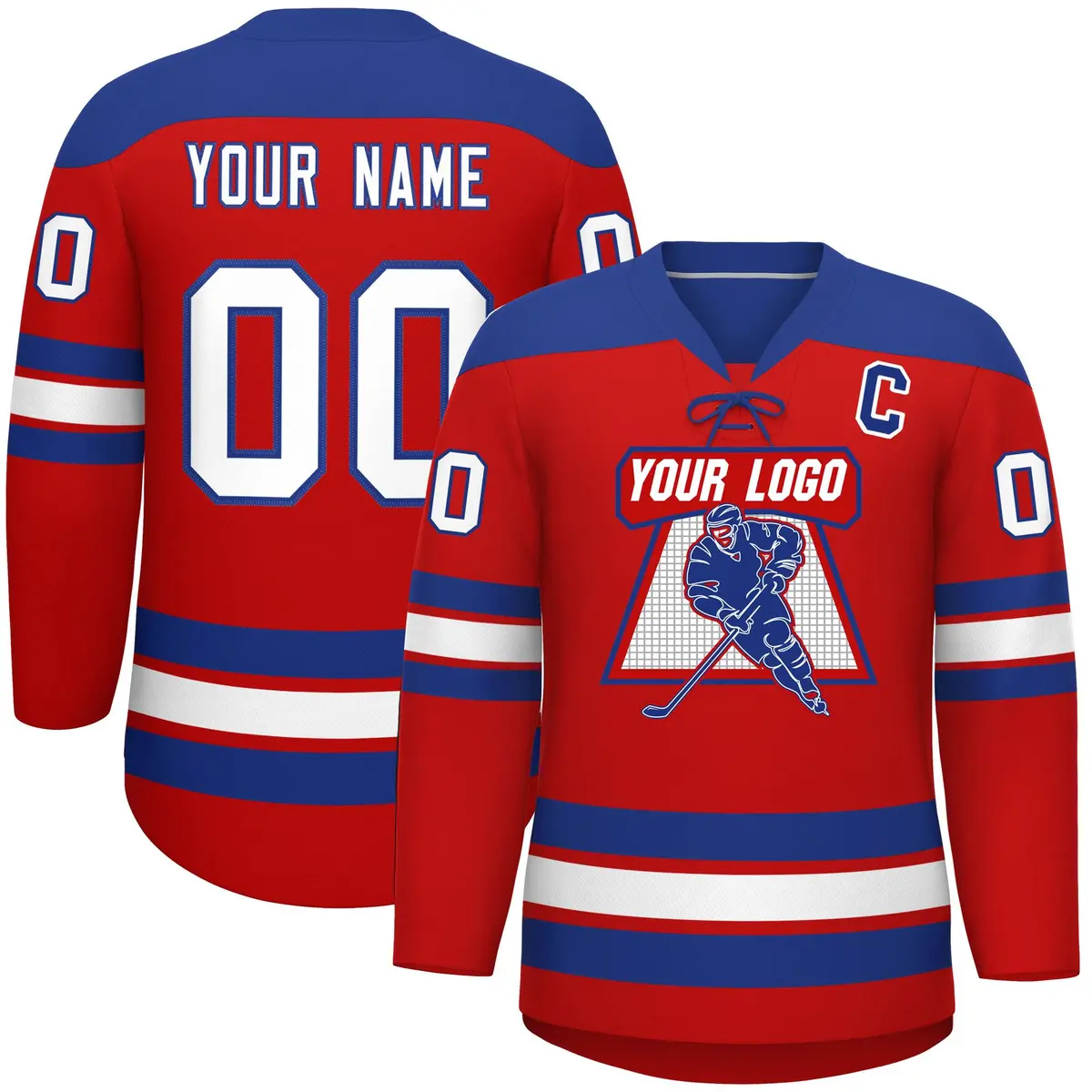 Red Royal White Classic Lace-Up Neck Hockey Jersey