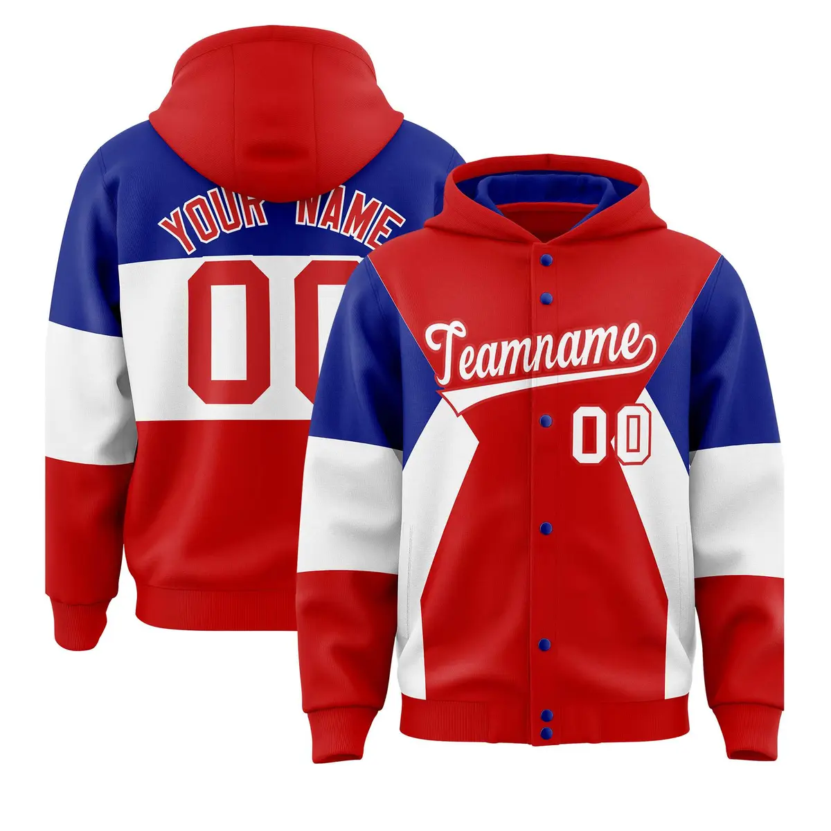 Red Royal White Color Block Full-Snap Varsity Letterman Jacket Hoodie