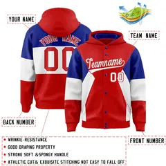 Red Royal White Color Block Full-Snap Varsity Letterman Jacket Hoodie 4