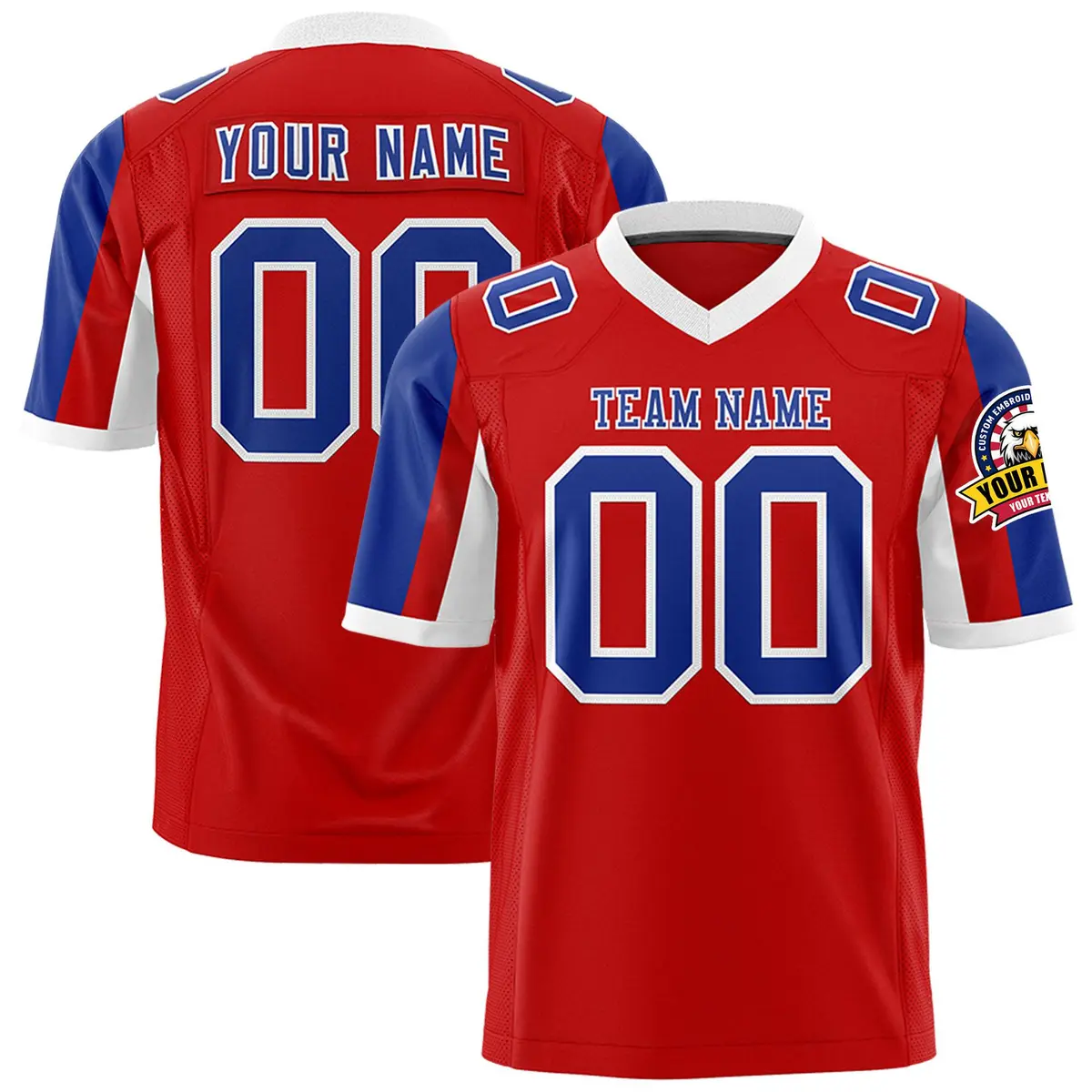 Red Royal-White Color Block Raglan Sleeves Football Jersey