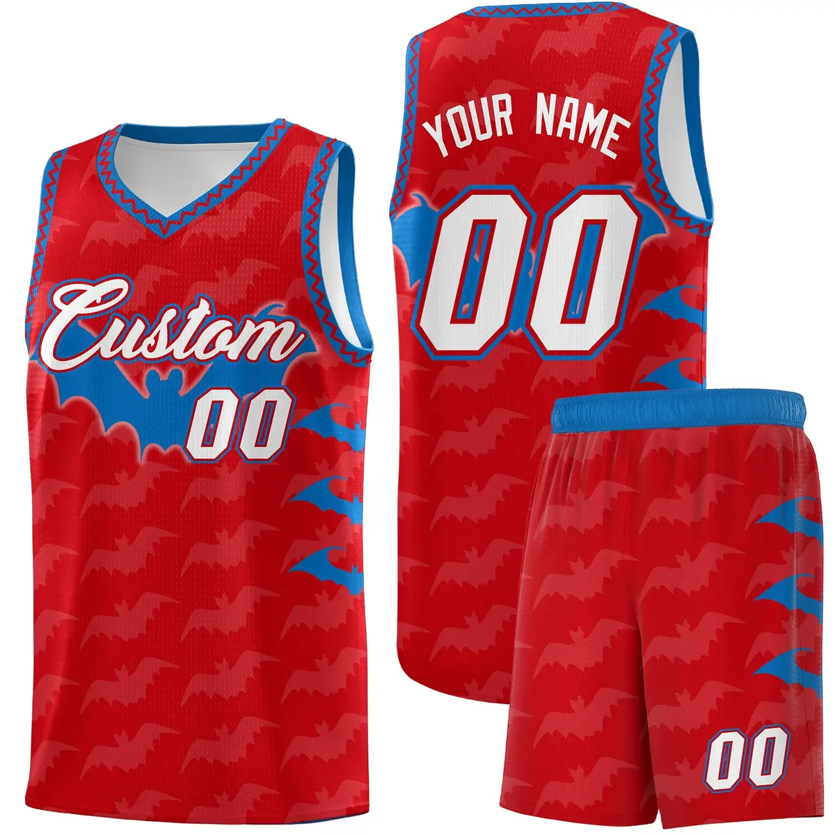 Red Royal White Halloween Bat Pattern Basketball Jersey