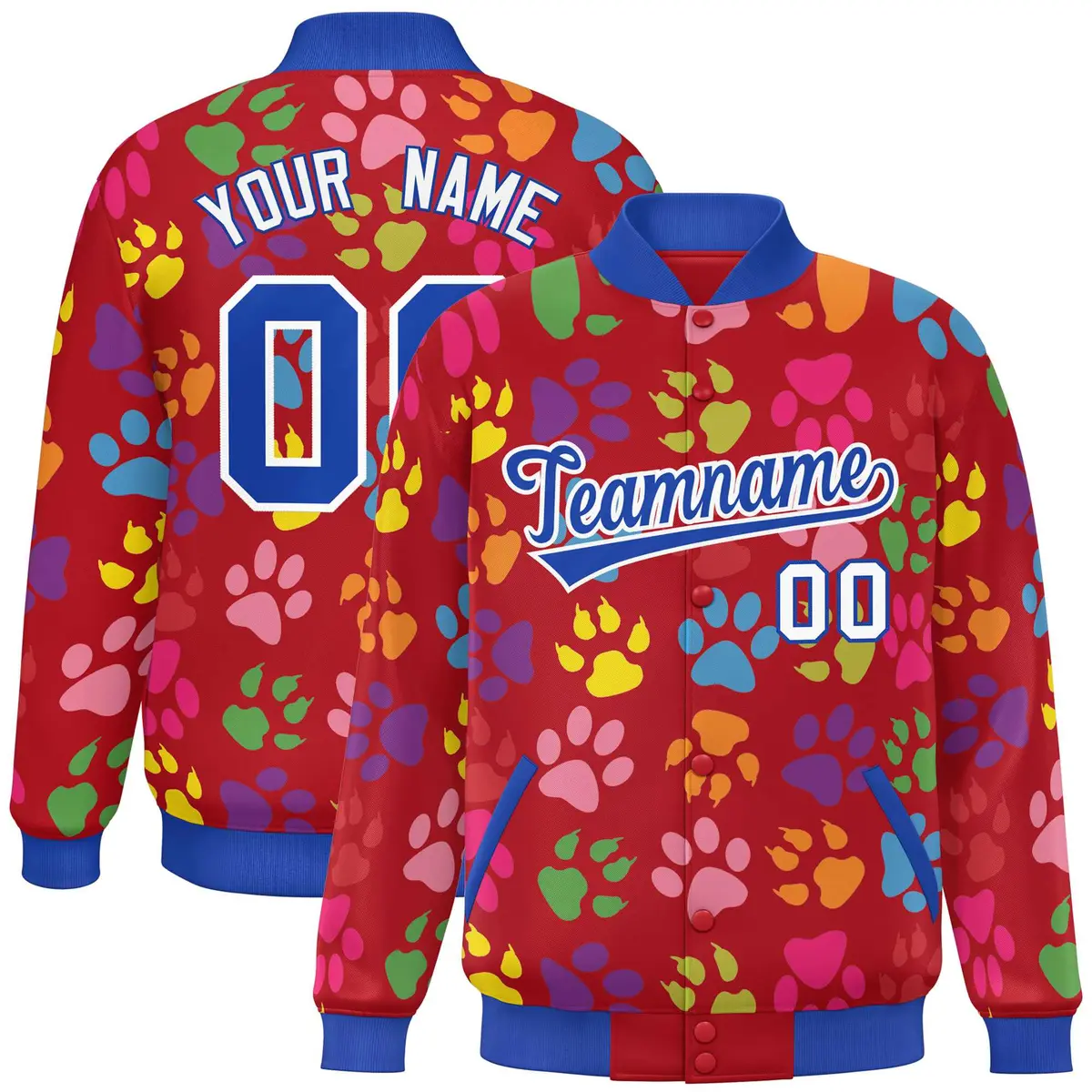 Red Royal-White Paw Prints Graffiti Varsity Letterman Jacket