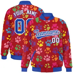 Red Royal-White Paw Prints Graffiti Varsity Letterman Jacket