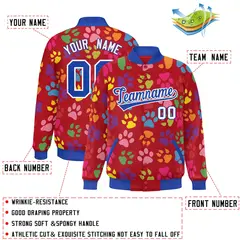 Red Royal-White Paw Prints Graffiti Varsity Letterman Jacket 2