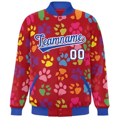 Red Royal-White Paw Prints Graffiti Varsity Letterman Jacket 3