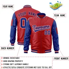 Red Royal-White Raglan Sleeves Letterman Bomber Jacket 2