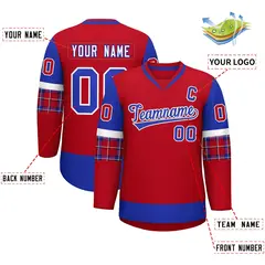 Red Royal-White Raglan Sleeves V-Neck Hockey Jersey 2