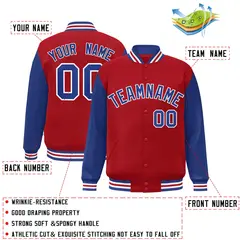 Red Royal-White Raglan Sleeves Varsity Full-Snap Letterman Jacket 2